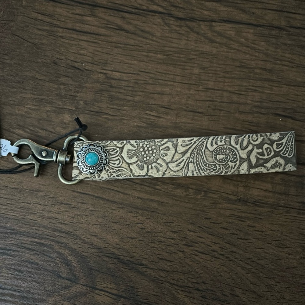 Myra tooled leather silver/turquoise stone keychain FOB western chic stylish.NWT